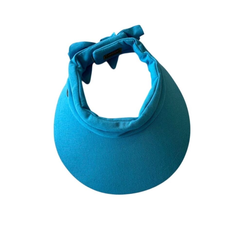 Scala Collezione Aqua Blue Cotton Visor Back Bow Wide Brim Sun Hat One Size